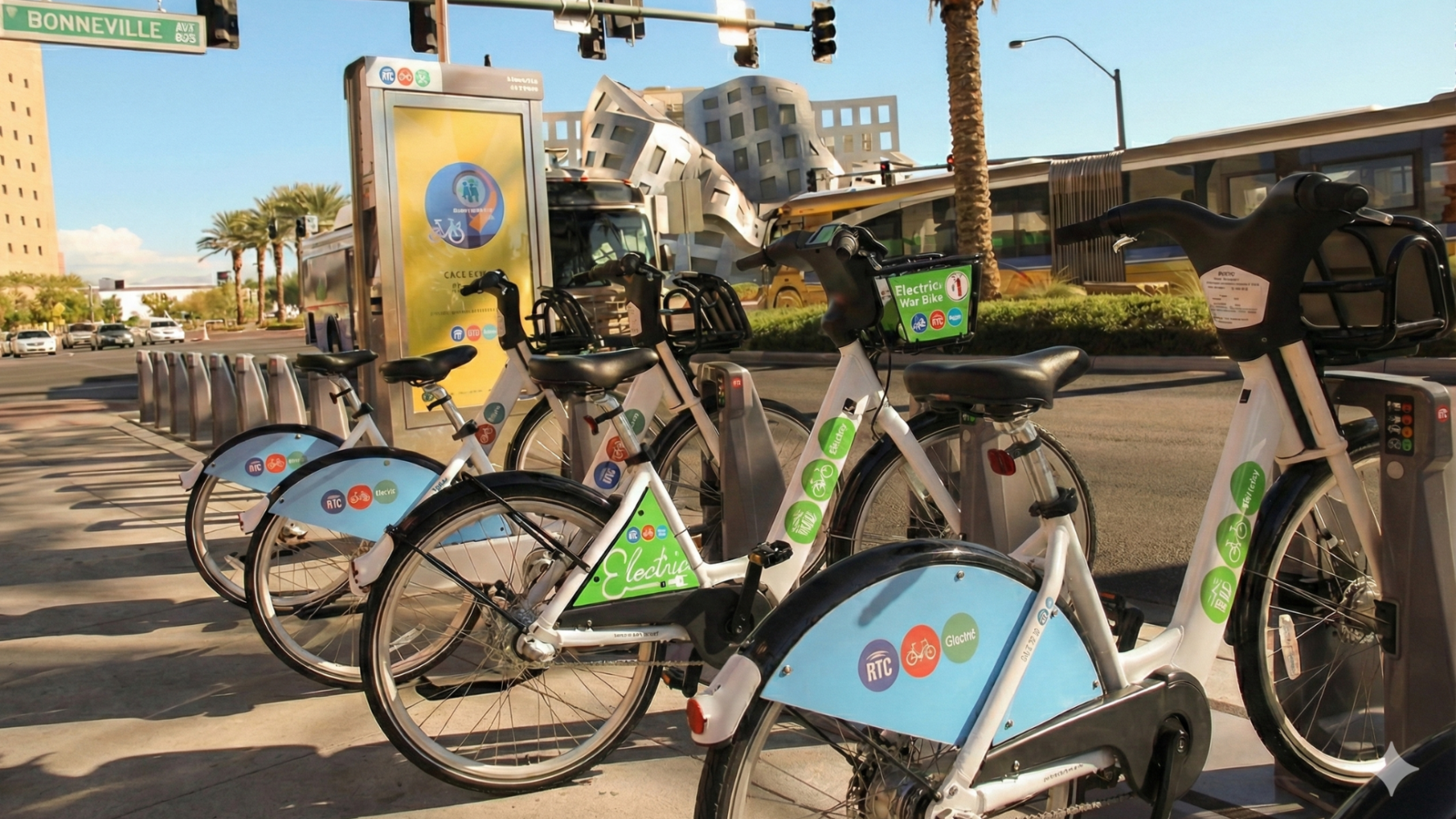 A row of RTC Bike Share bicycles, including classic and electric models, docked at a station on Bonneville Avenue in downtown Las Vegas. Palm trees and city buildings are visible in the background under a clear blue sky.